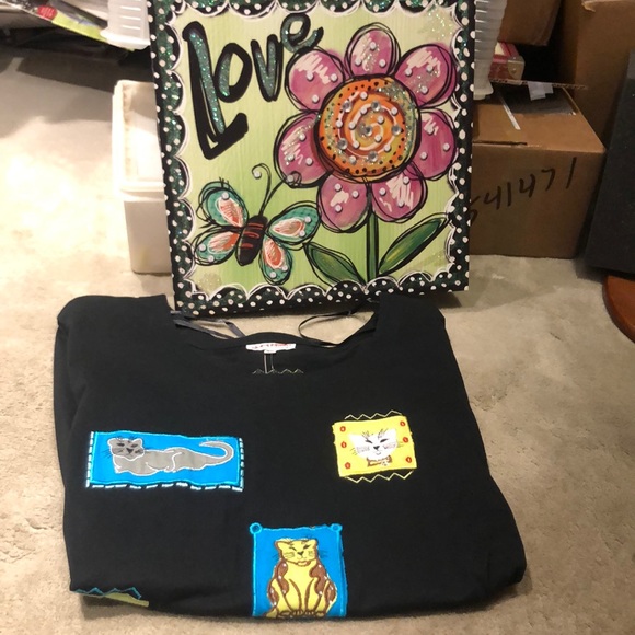 3x Black Cotton blouse with cat appliqués sparkles - Picture 6 of 10